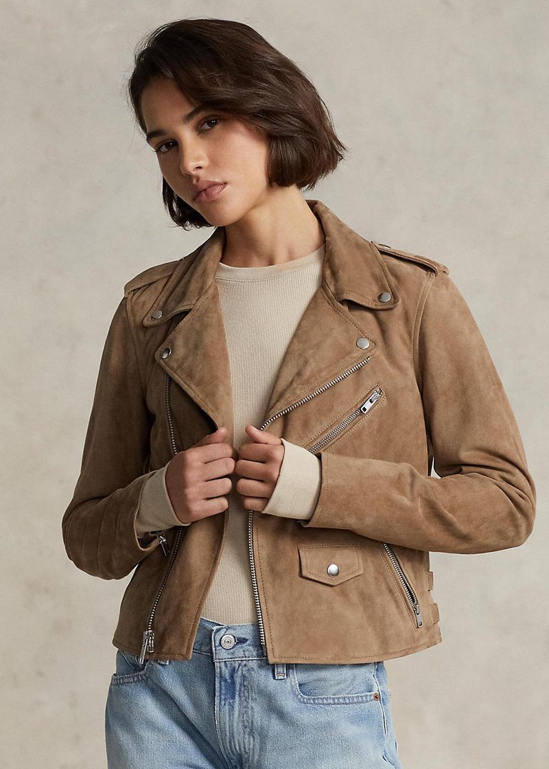 Kurtka Polo Ralph Lauren Damska Brązowe Suede Moto 715408-UXI